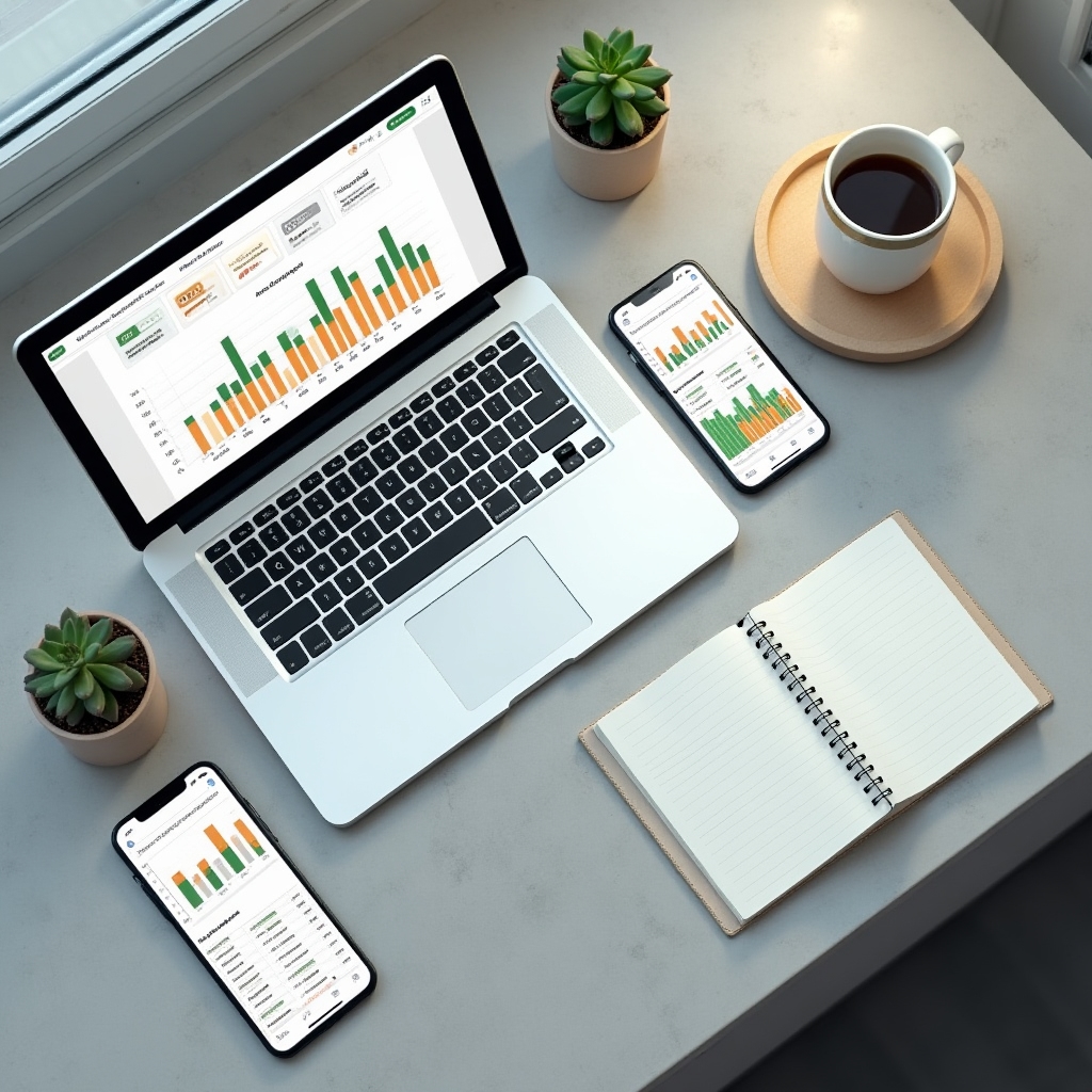 Маркетинговый дашборд в Google Sheets на экране ноутбука